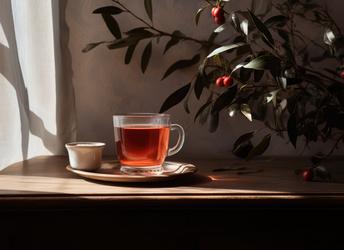 A cup of herbal tea resting on a windowsill in soft morning light